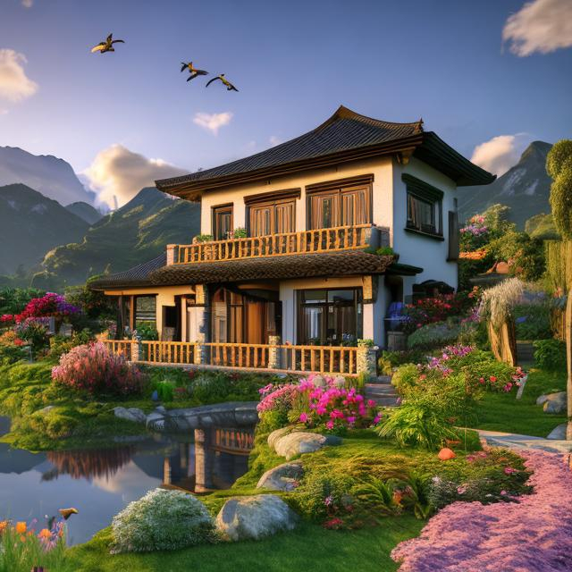 Prompt: 3D render scenery of a picturesque landscape, small house with garden and flowers, riverside path with bridge, mountain backdrop with clouds, birds in the sky, high quality, 3D rendering, scenic landscape, detailed mountains, serene atmosphere, clear skies, lush garden, flowing river, bridge over river, distant mountains, scenic clouds, birds flying, professional rendering