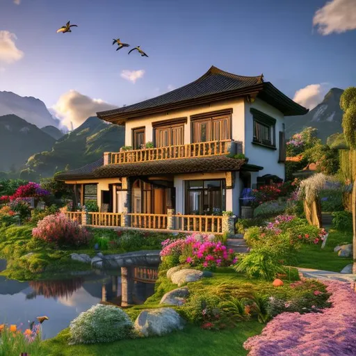 Prompt: 3D render scenery of a picturesque landscape, small house with garden and flowers, riverside path with bridge, mountain backdrop with clouds, birds in the sky, high quality, 3D rendering, scenic landscape, detailed mountains, serene atmosphere, clear skies, lush garden, flowing river, bridge over river, distant mountains, scenic clouds, birds flying, professional rendering