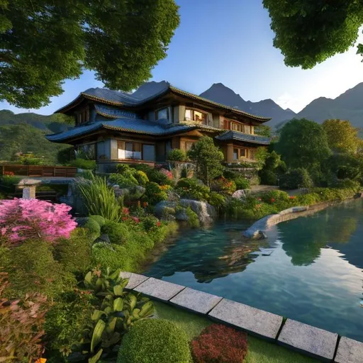 Prompt: 3D render scenery of a picturesque landscape, small house with garden and flowers, riverside path with bridge, mountain backdrop with clouds, birds in the sky, high quality, 3D rendering, scenic landscape, detailed mountains, serene atmosphere, clear skies, lush garden, flowing river, bridge over river, distant mountains, scenic clouds, birds flying, professional rendering