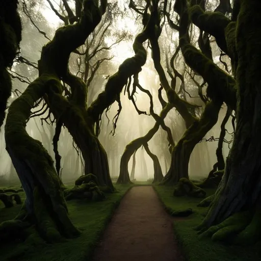 Prompt: “Create an enchanting forest scene at twilight, where ancient trees cast elongated shadows on a moss-covered path.”