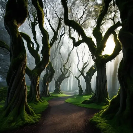 Prompt: “Create an enchanting forest scene at twilight, where ancient trees cast elongated shadows on a moss-covered path.”