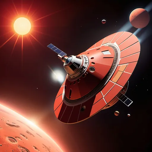 Prompt: cartoon image of a red spacecraft coming into mars' orbit, with the sun in the background.  Spacecraft is coming in to crash land, and it is a round saucer like craft with a kid piloting it. the atmosphere is visible in the image. the craft is high above the atmosphere and is just starting approach to the planet.