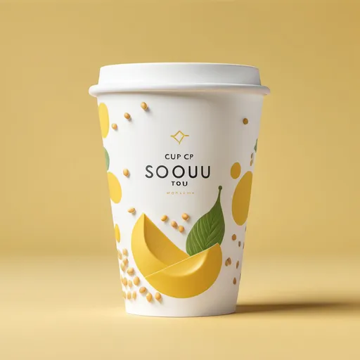 Prompt: A white and yellow paper cup mockup with a clean and elegant design. The cup features subtle decorations of soybeans, fresh tofu slices, milk, and fruits, giving a natural and fresh look. The cup is primarily white with yellow accents, creating a modern, minimalist, and luxurious aesthetic. The overall design is simple yet sophisticated, perfect for showcasing a fresh and healthy brand.