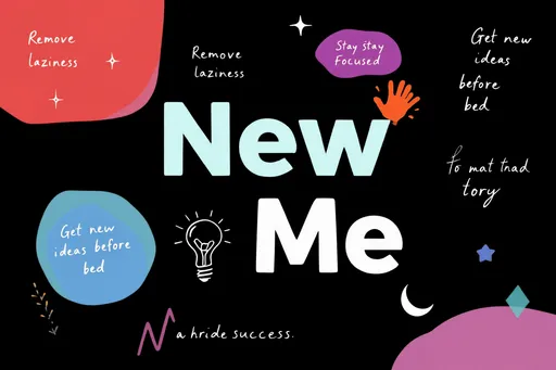 Prompt: Center: "New Me" (prominent in the middle)

Top Left Corner: "Remove Laziness" "Stay Focused"

Top Right Corner: "Get new ideas before bed"
Bulb for ideas
Bottom Left Corner: "Health is Wealth"

Bottom Right Corner: "8 hours of good sleep"

Middle Right: "Success"
add chart of success
fully black background