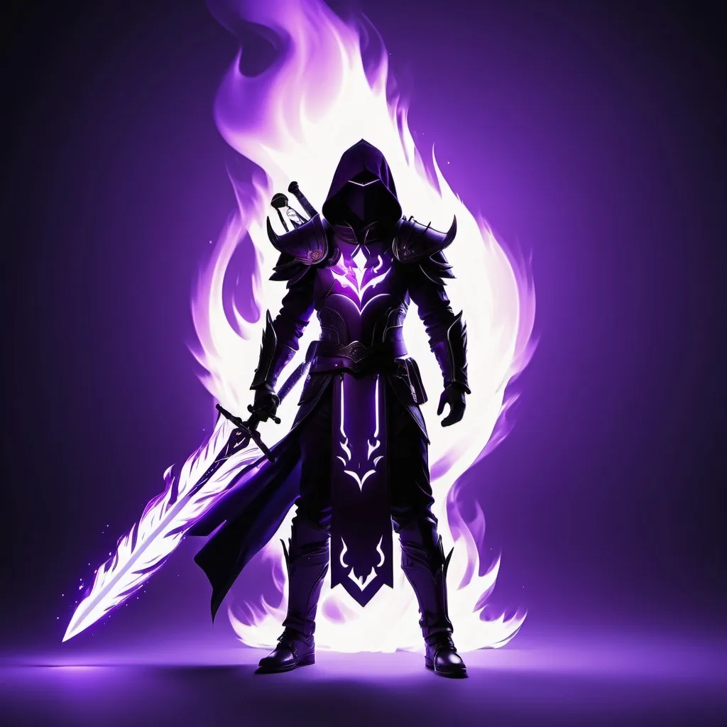 Prompt: Create a purple burning shadow made of purple fire, holding a sword with purple flames, charging up power, purple fire, abstract, powerful