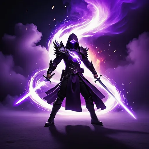 Prompt: Create a purple burning shadow made of purple fire, holding a sword with purple flames, charging up power creating a purple fire storm, purple fire, abstract, ultra powerful, as much power of a black hole, purple explosions from person