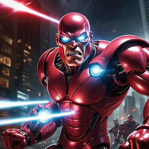 Prompt: The Crimson Chin battling Terminators, digital illustration, futuristic cybernetic style, intense action, vibrant red and metallic tones, dramatic lighting, high quality, ultra-detailed, dynamic poses, cybernetic details, mechanical adversaries, superhero, futuristic cityscape, powerful punches and energy blasts