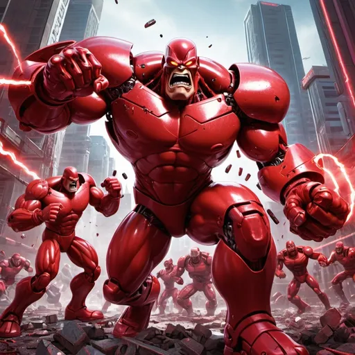 Prompt: The Crimson Chin battling Terminators, digital illustration, futuristic cybernetic style, intense action, vibrant red and metallic tones, dramatic lighting, high quality, ultra-detailed, dynamic poses, cybernetic details, mechanical adversaries, superhero, futuristic cityscape, powerful punches and energy blasts