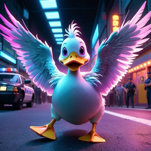 Prompt: Anime-style illustration of a duck evading police, futuristic-vaporwave, vibrant neon colors, detailed feathers with iridescent sheen, intense chase scene, high quality, 4k, ultra-detailed, anime, futuristic-vaporwave, vibrant neon colors, detailed feathers, intense chase scene, atmospheric lighting