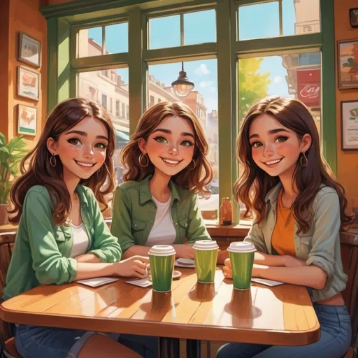 Prompt: As a cartoon Four friends girls sitting at a long chair in a cafe two of them with brown eyes and two of them with green eyes