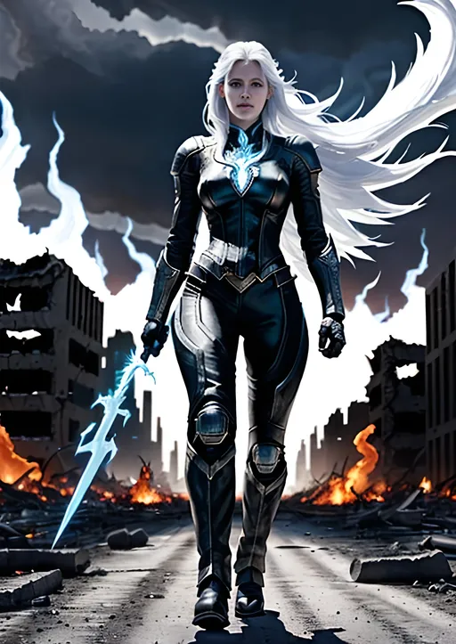 Prompt: A superheroine striding through a ruined and burning city, bluish-white flames for hair, dressed in a black and white leather outfit, godrays, twilight, apocalyptic, highly detailed, hair is white flame, dramatic
