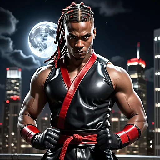Prompt: Athletic light-skinned African-American male superhero,  in black bodysuit with red piping, black-wrapped gloves and black ninja tabi, shoulder-length dreadlocks, black leather belt with flat pouches, standing in a Martial arts stance, at night, moon partial obscured by clouds, city scene, 4k, high resolution, detailed, hyper realistic
