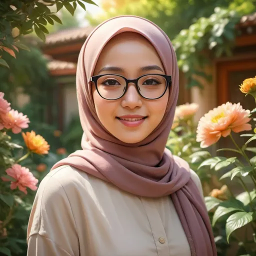 Prompt: girl wearing hijab and glasses with asian face warm tone full body in garden background