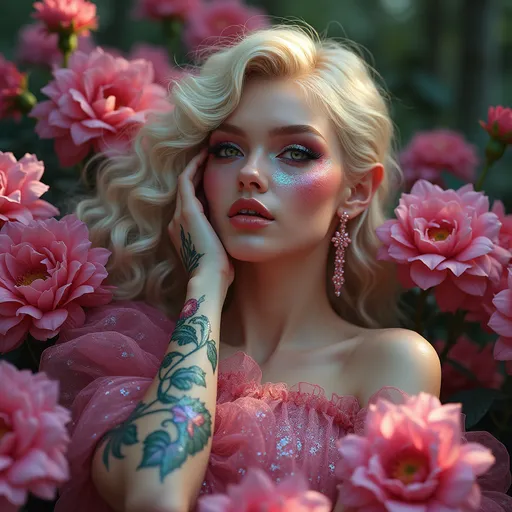 Prompt: Elf ranger in a mystical forest around sunlight A hyper-realistic digital electric pink themed portrait of a extraordinary captivating stunning woman laying down. She has soft iridescent glittery shimmering flawless skin and vivid sultry sparkling blue-green eyes, framed by long curly platinum blond hair with bold red highlights and thick lashes. She’s wearing dainty pink iridescent earrings. Her expression is serene and mysterious with decorative patterns and glittering colors on her face as she rests with her floral-vines and Starbloom petal tattooed arm beneath her cheek. She is surrounded by richly detailed, vibrant, and delicate flowers in shades of champagne pink, electric blue, rose, violet, teal, and fuchsia. Her makeup is bold with smoky eyes, green eyeliner, and glossy deep darkcoral lips. She blends seamlessly into the floral background, creating a harmonious, elegantly sophisticated and enchanting scene.