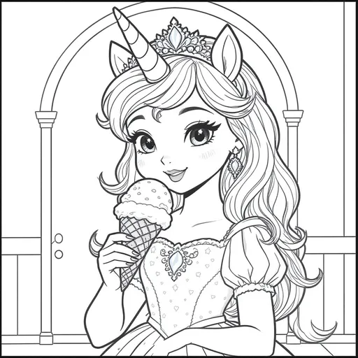 Prompt: maak een kleurplaat van een prinses die ook een unicorn is en een ijsje eet voor een vijfjarige om in te kleurn
