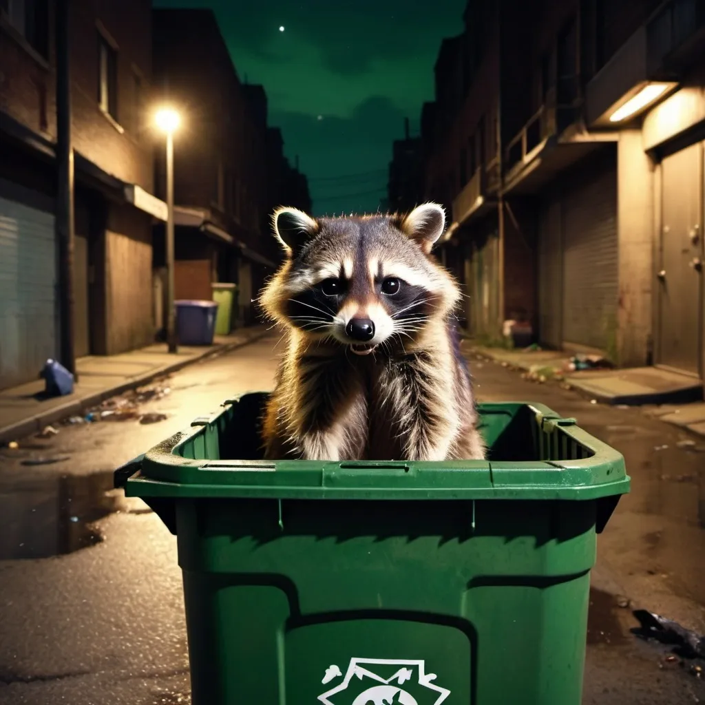 Prompt: Zombified, dingy, decomposed, slightly colored green Raccoon living inside a streetside garbage bin, Viewed from afar at night, Bright Colors comic