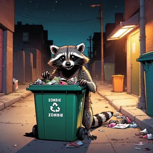 Prompt: Zombie Raccoon Living inside a Streetside Garbage bin, Viewed from afar at night, Bright Colors comic