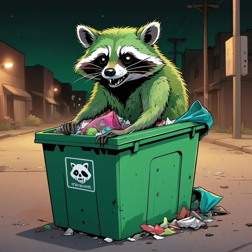 Prompt: Zombified, dingy, decomposed, slightly colored green Raccoon living inside a streetside garbage bin, Viewed from afar at night, Bright Colors comic