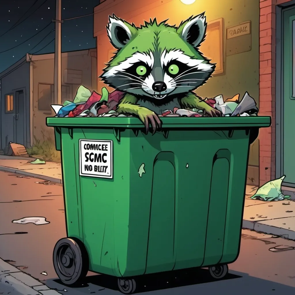 Prompt: Zombified, dingy, decomposed, slightly colored green Raccoon living inside a streetside garbage bin, Viewed from afar at night, Bright Colors comic