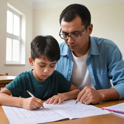 Prompt: A parent guiding his child in mathematics homework 
