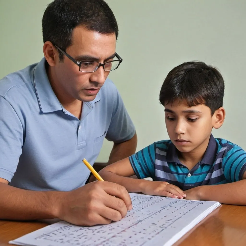 Prompt: A parent guiding his child in mathematics homework 
