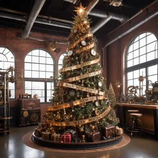 Prompt: festive full view of a Christmas tree with an industrial steampunk theme—brimming with brass gears, musical instruments
, glowing Edison bulbs, and vintage ornaments. with a swerling ribbon message  Marry Christmas and Happy New Year from IVC Displays down  realistic, natural lighting