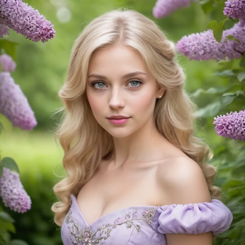 Prompt: a blond hair beautiful woman princess with fair skin in a garden wearing a lilac dress with hazel eyes