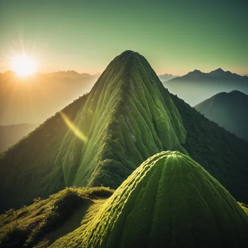 Prompt: photo of a mountain that looks like a green avocado, with the sun rising above the peaks, in the style of unsplash photography. --ar 128:85 --v 6.0 --style raw