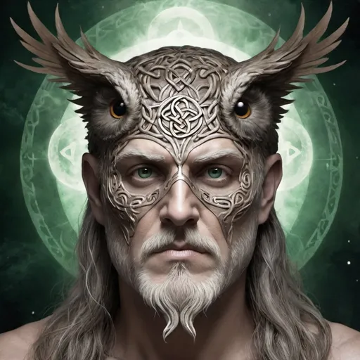 Prompt: Create and album cover for a metal band of the lusitanian celtic God Endovelicus, he is the God of health, prophecy and they earth. Make it look ethereal, half body, give it some owl-like features (like features) on the face and a third eye