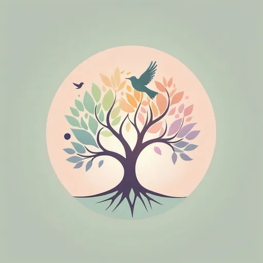 Prompt: flat vector tree logo design, pastel colors, holistic aesthetic, with flying bird in the background 