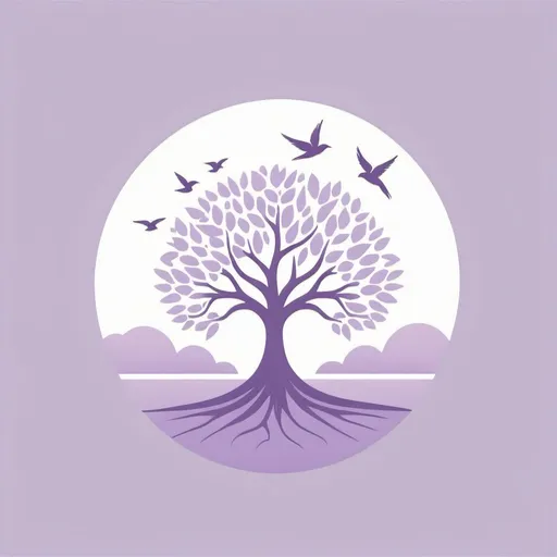 Prompt: flat vector tree logo design, pastel lavender , holistic aesthetic, with flying bird in the background 