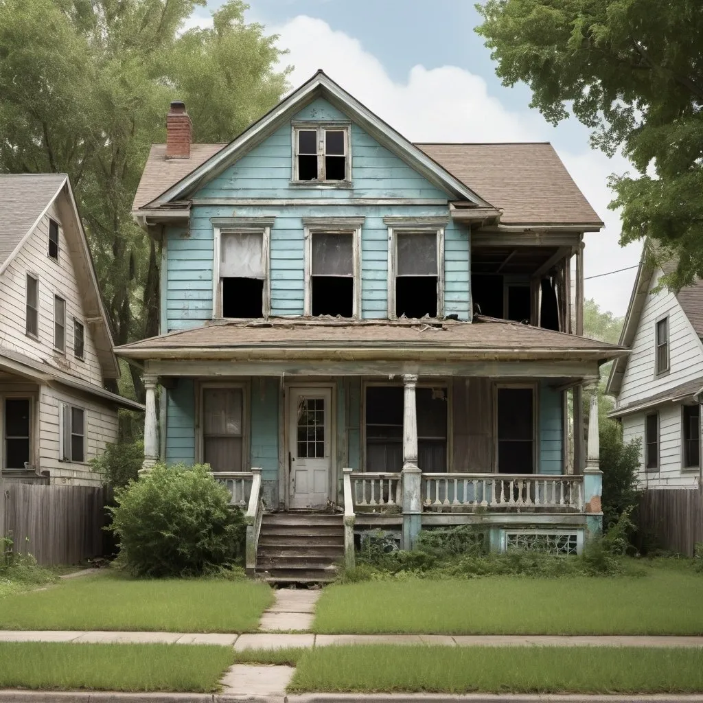 Prompt: Create single pictures of Distressed homes both single family homes and multi-family homes