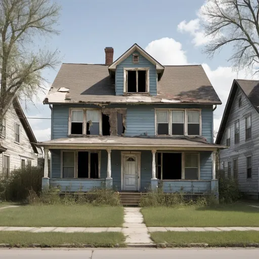 Prompt: Create single pictures of Distressed homes both single family homes and multi-family homes