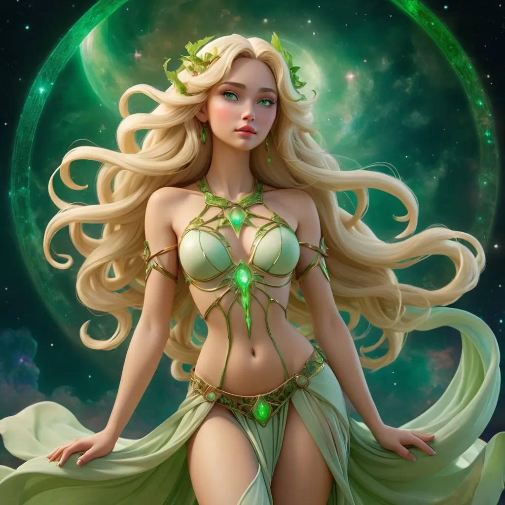 Prompt: full body; goddess, beautiful woman; fantasy; celestial; blonde; green