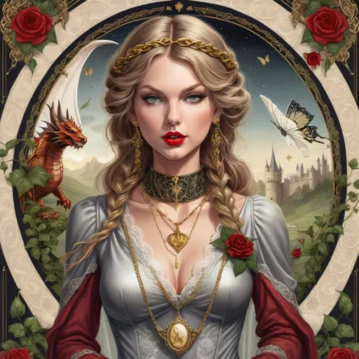 Prompt: tarot card style fantasy artwork featuring a medieval woman looks like royal taylor swift with hair braids, holding a dagger, wearing a gold locket and jewel necklace, wearing a white colored flowing 1970s style dress with long sleeves, include castle and dragon in distance, roses butterflies ivy and lace