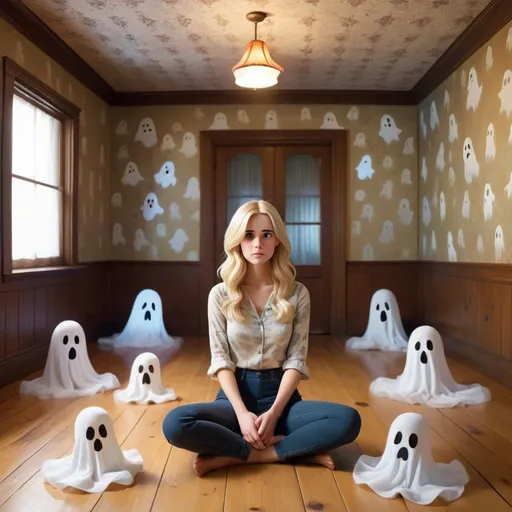 Prompt: full body; blonde woman sitting cross legged on the floor of a room; room has wooden floors and wallpaper; cute ghosts around