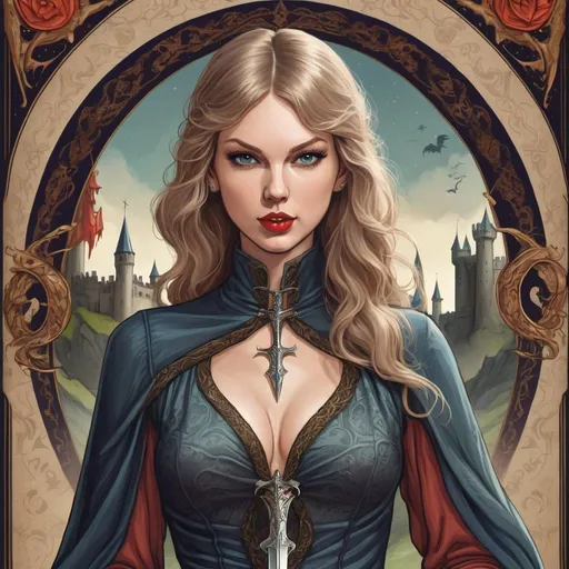 Prompt: tarot card style fantasy artwork featuring a medieval woman who looks like taylor swift holding a dagger wearing a flowing 1970s style dress with long sleeves, include castle and dragon in distance