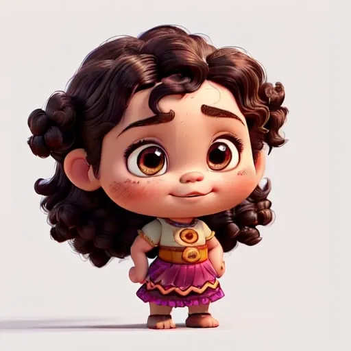 Prompt: super sweet and cute 4 year old girl, husky weight, unruly dark brown almost black curly hair, round face with one cheek dimple, sassy, mischievous, light porcelain skin, long shot, wide angle, full body, enthusiastic character, looks like baby moana or baby mirabelle