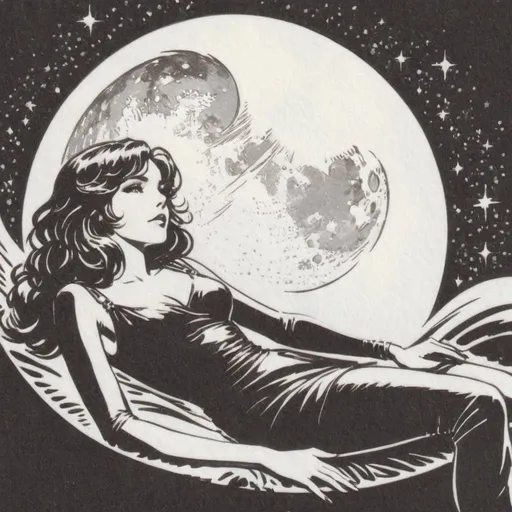 Prompt: Beautiful woman, reclines on crescent moon, sparkling eyes, full body, long shot, stevie nicks style dress, majestic, magical, celestial, mastermind, lucky imagery, sparkling, pinup, luxurious, sumptuous, highly detailed digital painting, intricate and elegant, smooth and sharp focus, art by Scott Davidson, Albert Aublet, Krenz Cushart, Artem Demura, Mucha, artstation, illustration, professional, art nouveau, highres, ultra-detailed, digital painting, elegant, detailed eyes, smooth skin, flowing hair, intricate details, artistic mastery, vibrant colors, professional lighting