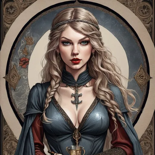 Prompt: full body fantasy artwork of medieval woman who looks like taylor swift on a tarot card. include a dagger, long flowing sleeves, hair braid, quill and ink pot
