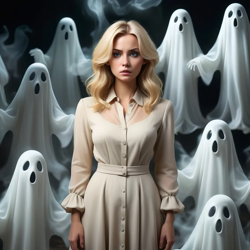 full body; blonde woman surrounded by ghosts