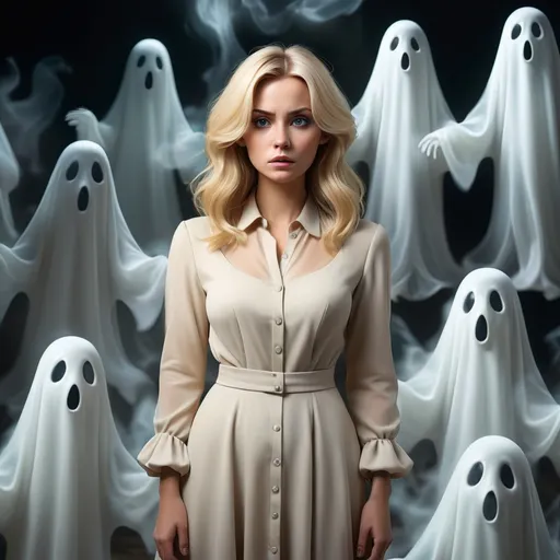 Prompt: full body; blonde woman surrounded by ghosts
