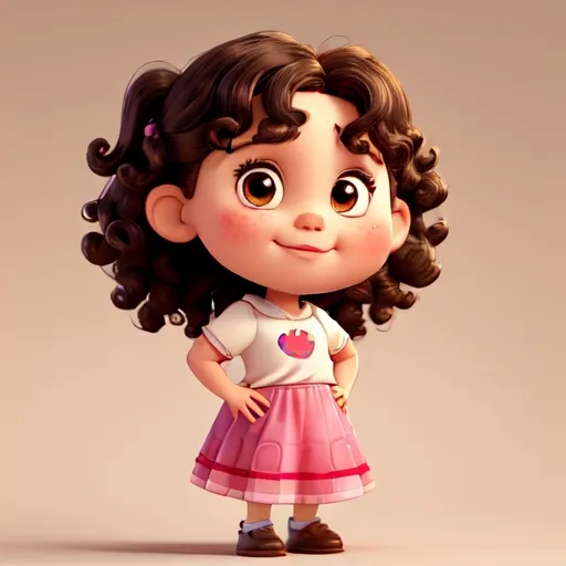 Prompt: super cute 4 year old girl, round face with one cheek dimple, dark curly hair with dark eyes and light skin, enthusiastic character, sassy, long shot