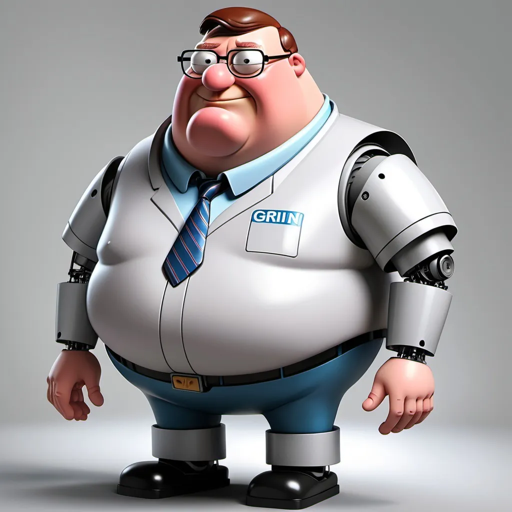 Prompt: Make peter griffin a mix between a human and a robot 