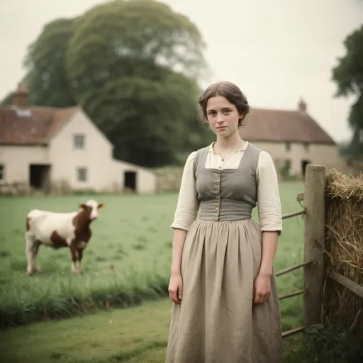 Prompt: old English farm,posing,captured with soft focus and muted colors typical of early film photographyoke