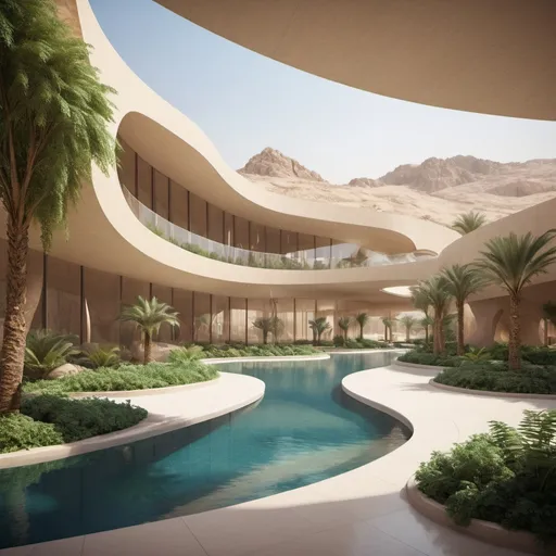 Prompt: futuristic wellness center in Ras Al Khaimah, (modern architecture), (lush greenery), (serene atmosphere), sophisticated technology, wellness facilities, revitalizing spaces, natural light flooding through large windows, calming water features, futuristic furniture, minimalistic design, soothing color palette, vibrant desert backdrop with mountains, high-quality detailed landscape, peaceful ambiance and harmonious environment, ultra-detailed, 4K resolution.