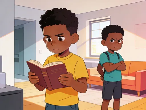 Prompt: Two boys,farican american characters, cartoon flat vector style, one is holding a book and the other is looking angry, arms crossed behind him inside a modern house