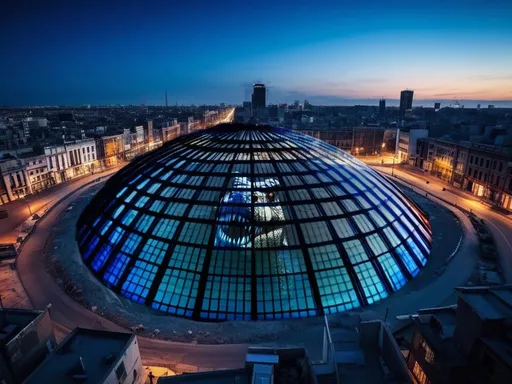 Prompt: Do not feed. Panoramic image of a large city at sunset, with a huge crater in the centre, covered with a large dome shaped metal and glass structure, including an angry large dinosaur