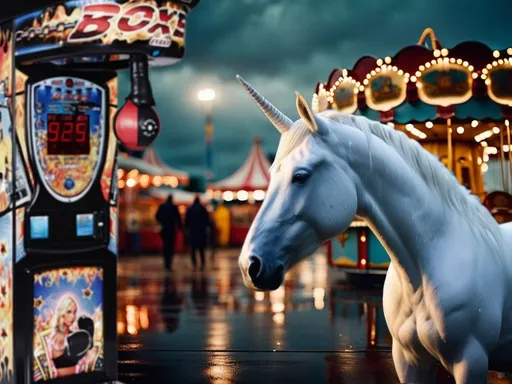 Prompt: 
Atmospheric image, a desolate fair at dusk and rain, a white lonely unicorn looks bewildered at a boxing machine