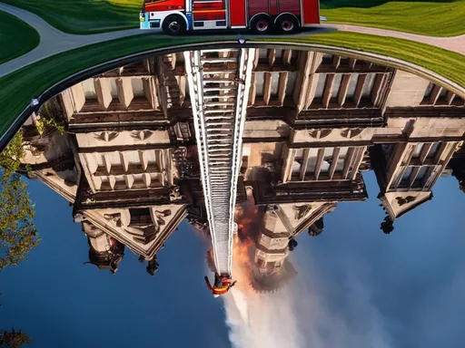 Prompt: A view from above looking down, a large pond in which a stately Gothic house is reflected, with a very long ladder in the center, on which a fireman is standing quite high, busy extinguishing a fire, including an equipped fire truck